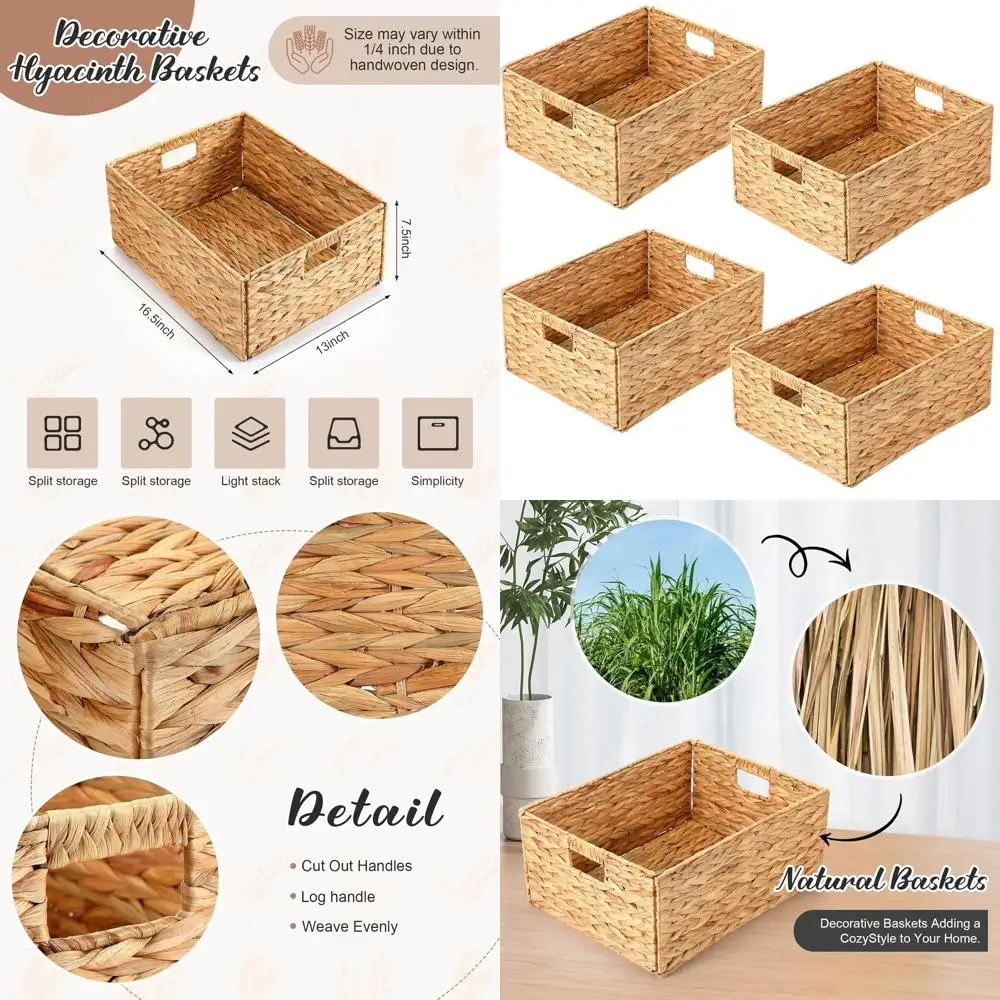 

Handwoven Wicker Storage Baskets with Handles, Foldable and Multipurpose, Ideal for Bedroom and Living Room (16.5 x 13 x 7.5'',