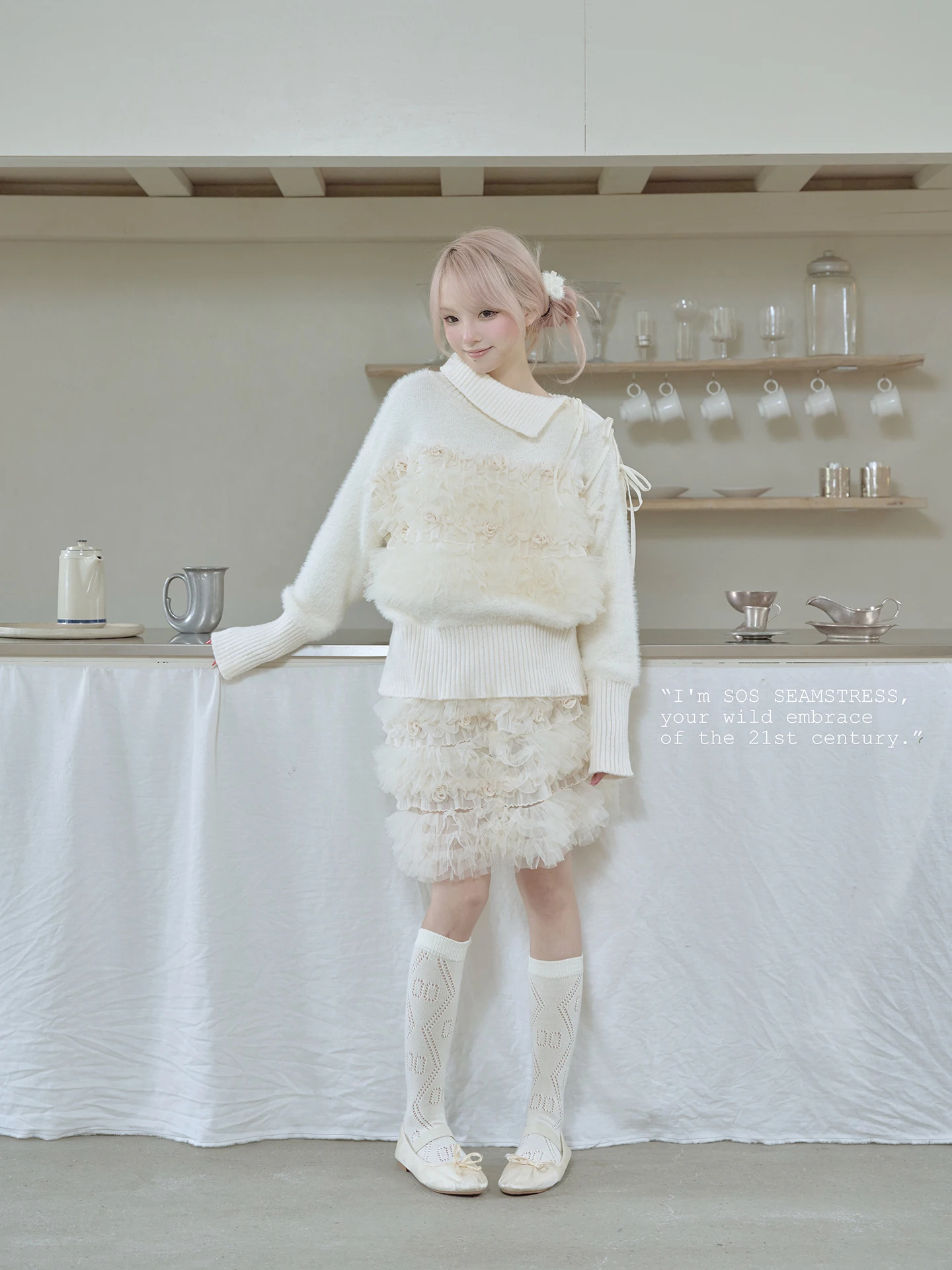 

Sweet Sle Oversized Knitted Sweater with Stand Collar Rose Pattern Faux Fur Soft Medium Gauge Long Sve Daily Wear for Girls