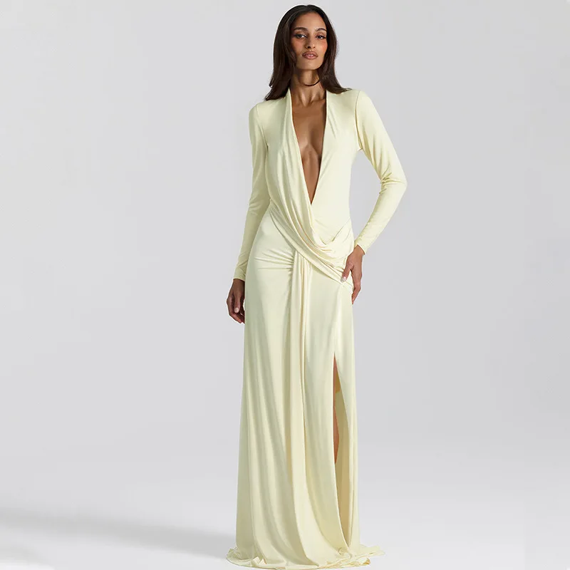 

Deep-V Neck HIgh Split Women's Autumn Evening Dress Pleated Sheath Bandage Gown Elegant Pink Black Yellow Party Skirt Newest
