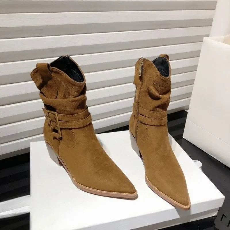 Pointed Toe High Heel Booties Women Fall Winter New Western Boots Block Heel Side Zipper Belt Buckle Fashion Boots view 4