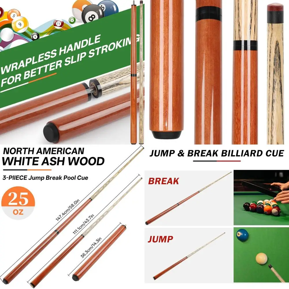 

Powerful 3-Piece Jump Break Cue with 14mm Bakelite Tip for Intense Breaks and Smooth Jumps