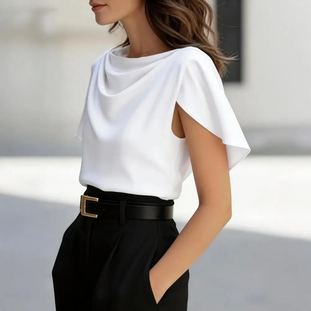 

Женская блузка с асимметричными рукавами, универсальная атласная рубашка с коротким рукавом, мягкая ткань, офисная женская рубашка