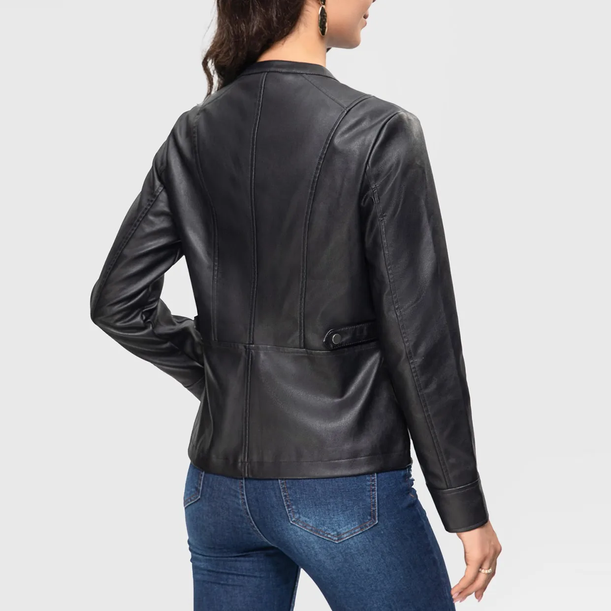 FASHIONSPARK jaket kulit PU antik wanita, jaket Luaran ritsleting leher bulat ramping pas untuk sepeda motor lengan panjang