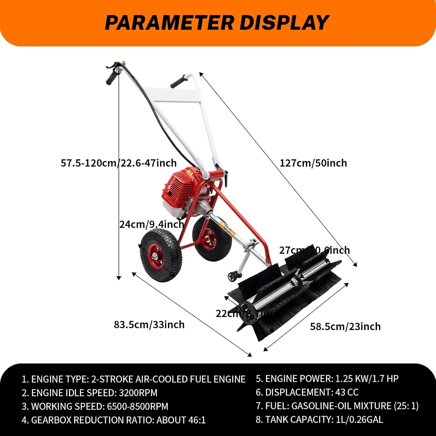 Power Push Broom Gas Powered with Wheels, 2 Stroke Walk Behind Snow Sweeper Handheld Gasoline Brush Broom Sweeping Machine for