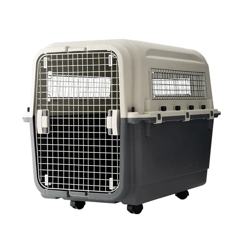 Airline approved plastic pet transporter XXL dog travel cage with wheels and water bowl