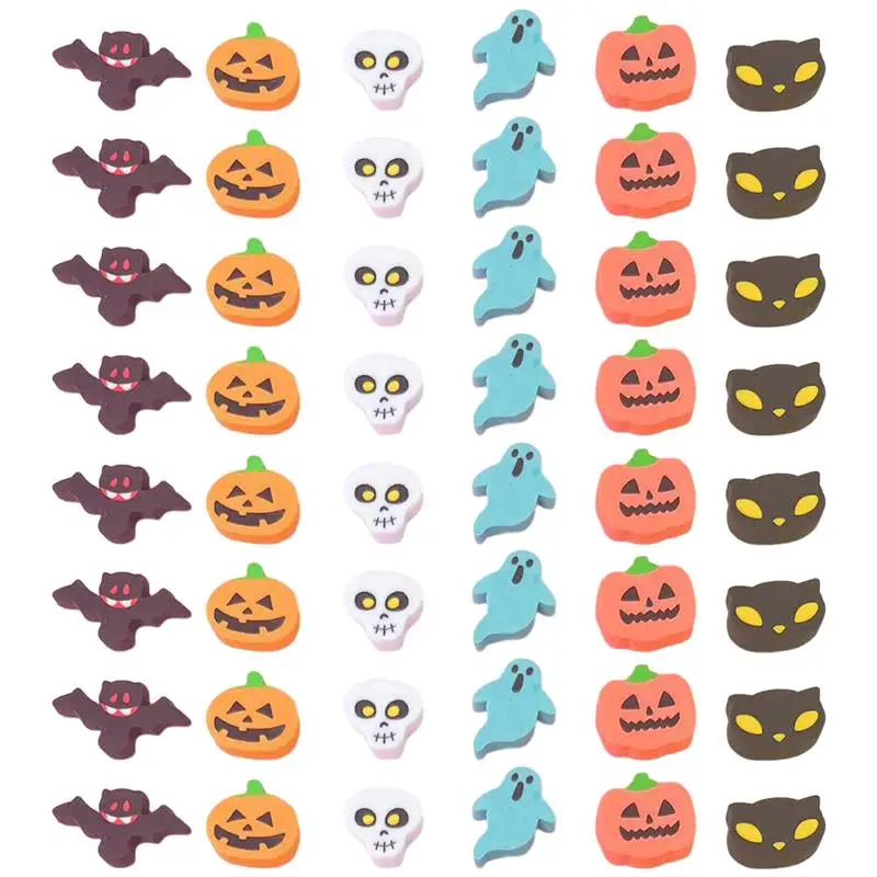 100pcs Halloween Theme Mini Erasers Halloween Party Favors Skull Pumpkin Bat Eraser Cartoon Eraser Stationery Mixed Style