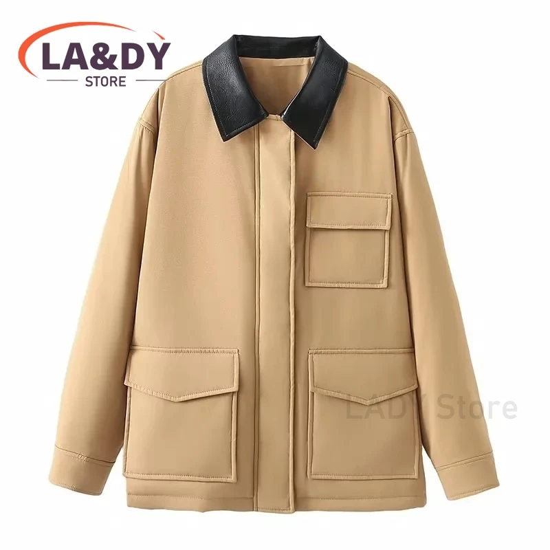 Parkas Coat 2024 Autumn Winter Women Fashion Loose Zipper Splice Female Solid Color Casual Long Sleeve Pockets Tops Outerwears