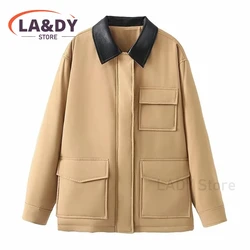 Parkas Coat 2024 Autumn Winter Women Fashion Loose Zipper Splice Female Solid Color Casual Long Sleeve Pockets Tops Outerwears