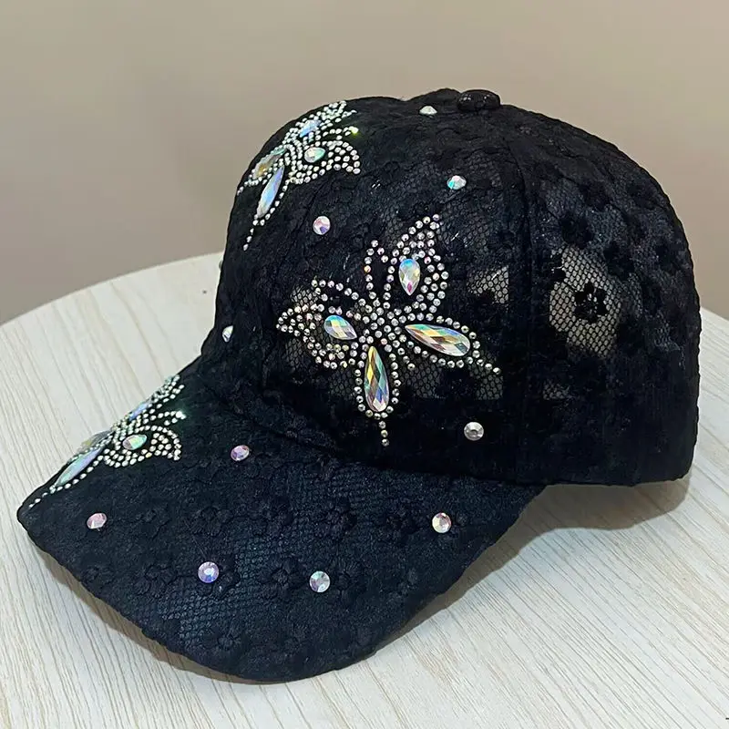 Lace Small Flowers Baseball Cap Butterfly Rhinestone Duck Tongue Cap High-grade Breathable Net Cap Sunshade Breathable Sun Hat