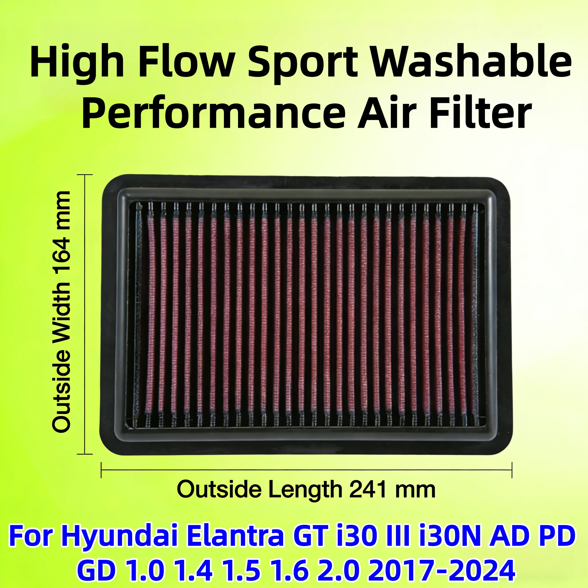 For Hyundai Elantra GT I30 III I30N AD PD GD 1.0 1.4 1.5 1.6 2.0 2017-2024 High Flow Sport Washable Performance Panel Air Filter