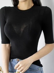 Solid Thin See Through T Shirt Women Cotton Short Sleeve Slim Basic Korean Style Clothes Tee Shirt Femme 2026 Summer Top