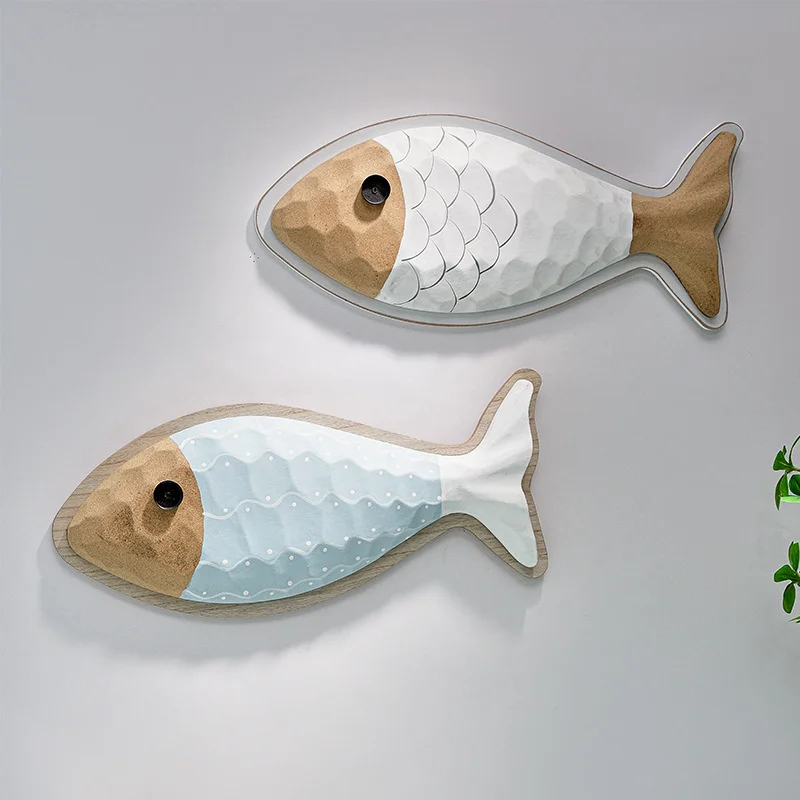 

Three-Dimensional Fish-Shaped Wooden Wall Decorations White Light Blue Mediterranean Home Hangings 1Pc