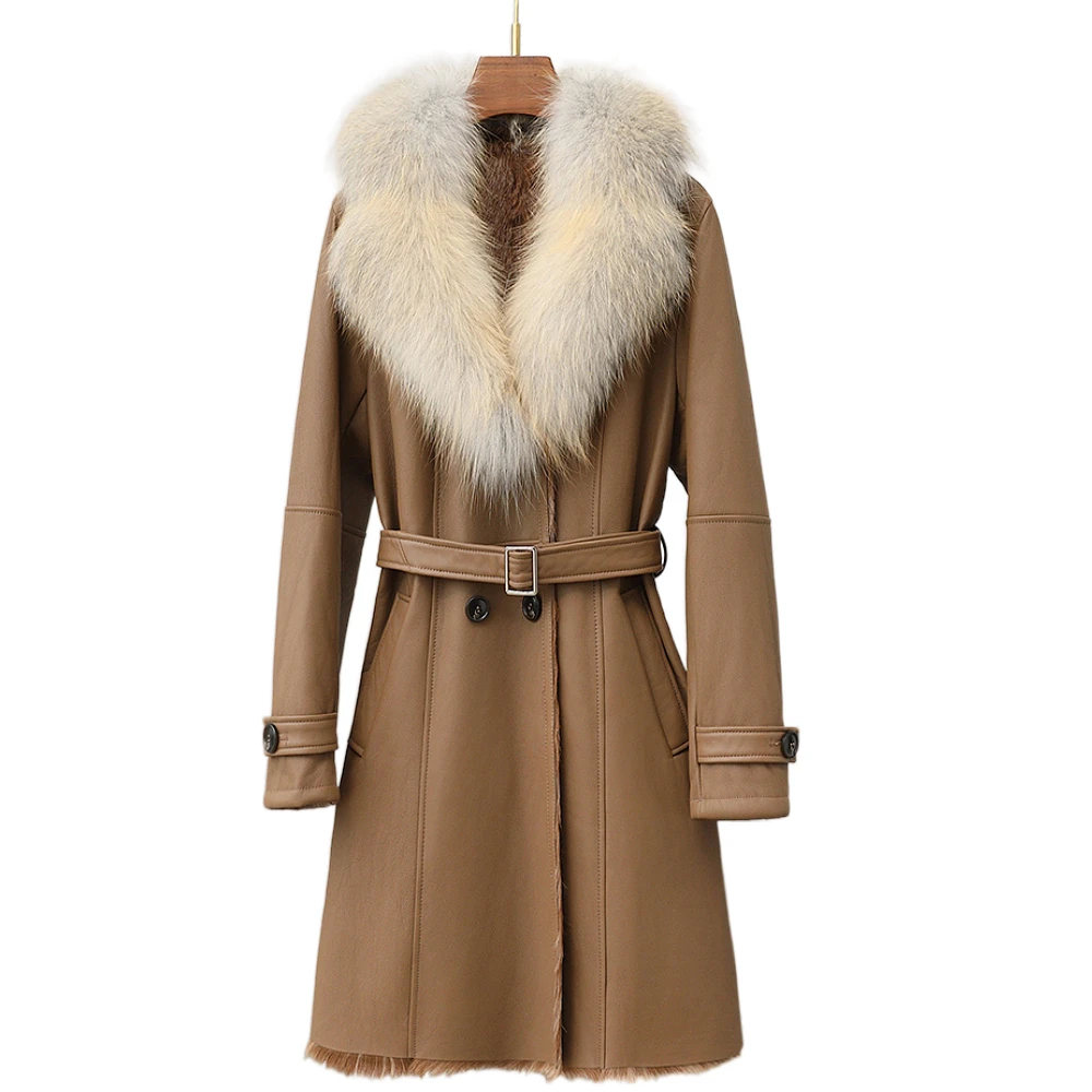 Original Ecology Fur Coat Women's Mid-Length Fox Fur Collar Haining Slim Slimming Lambskin Leather Fur Coat