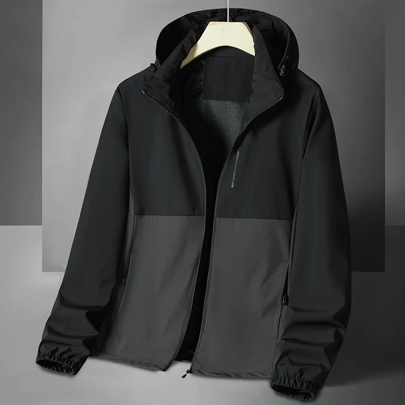 

2025 Spring Jacket Fashion Color Blocked Windproof Versatile Casual Men's Detachable Hat Single Coat Outdoor Sports Men's Wear