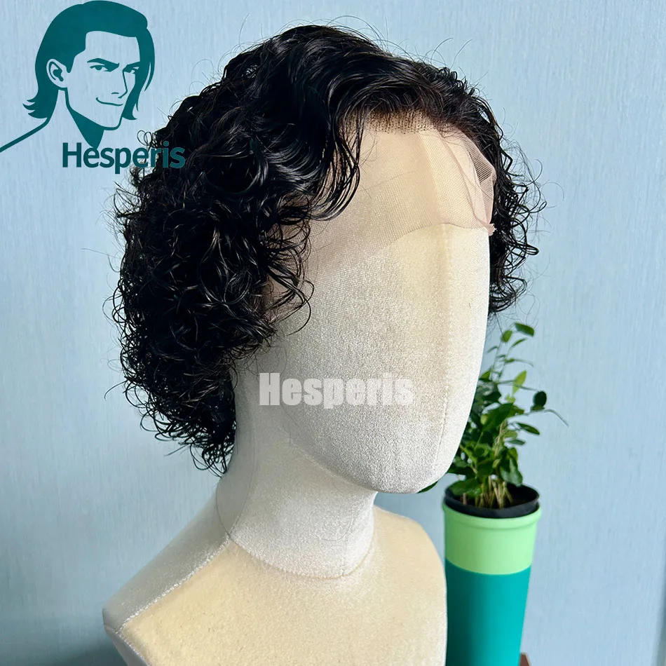 Parrucca corta riccia Hesperis per uomo Parrucca brasiliana nera naturale per capelli umani Remy 13x6 Parrucca corta anteriore in pizzo Pixie pre-stylicata per uomo