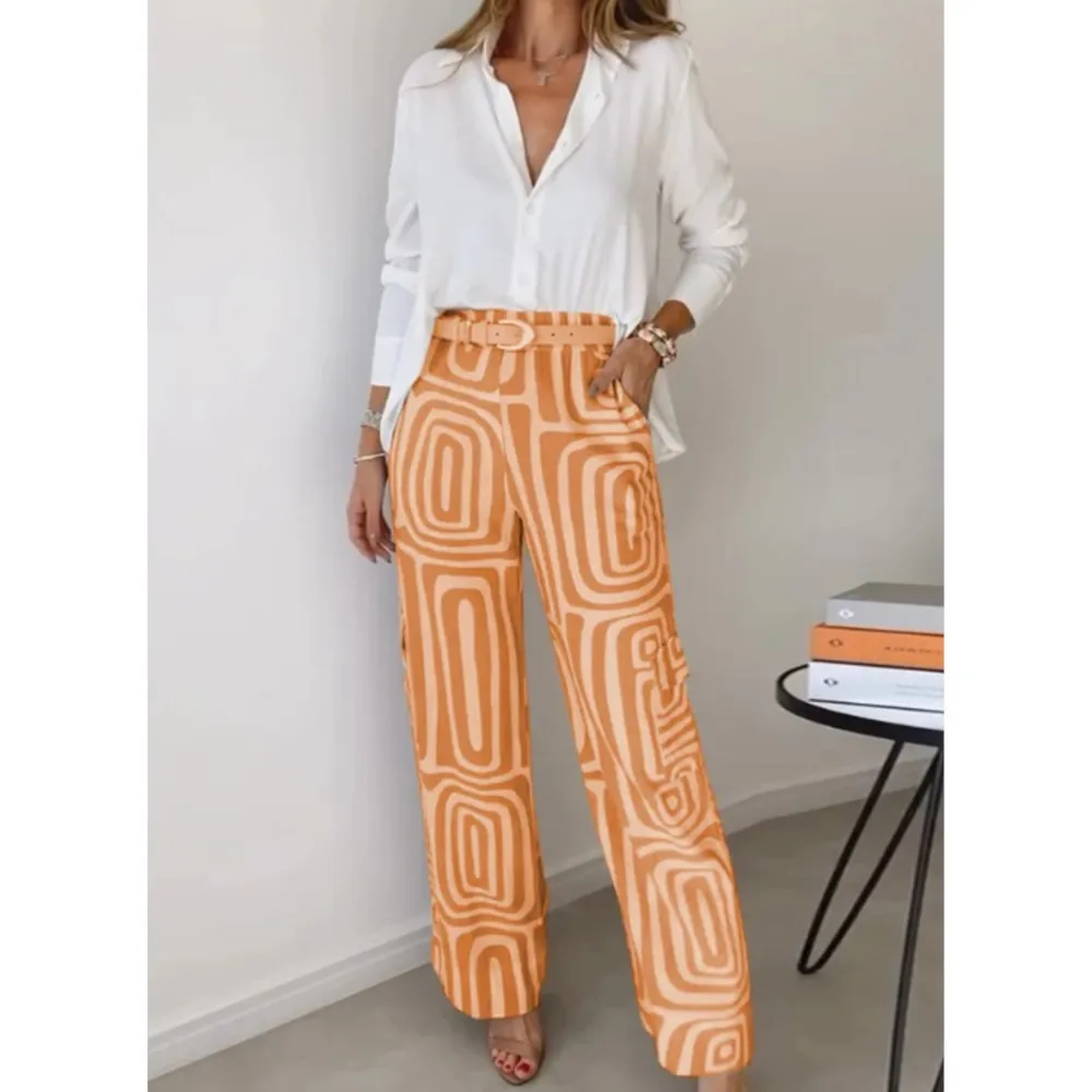 

Elegant Office Women Casual Suit Spring Fashion Long Sleeve Lapel White Shirt Elastic Waist Print Trousers 2Piece SetFemale 2025