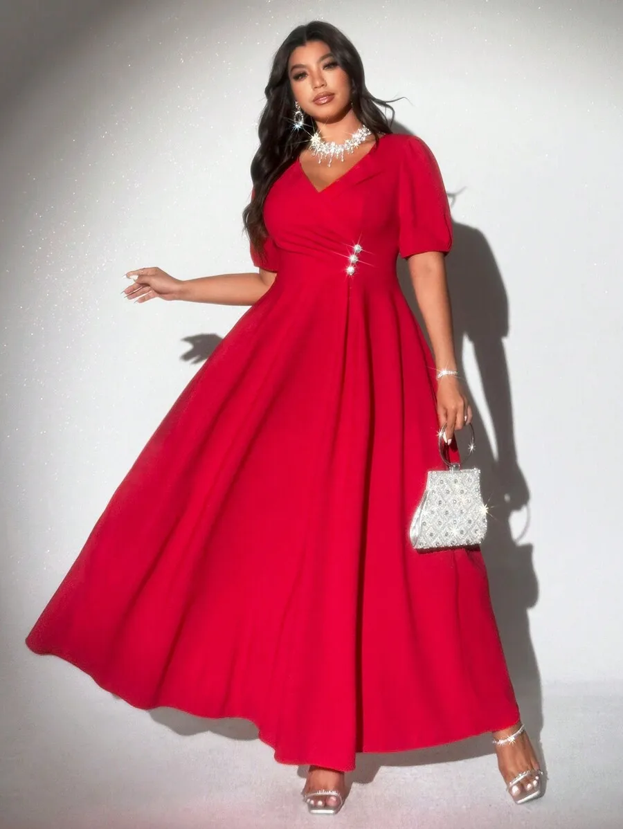 

Elegant Red V-Neck Puff Sleeve A-Line Maxi Dress with Rhinestone Detail
