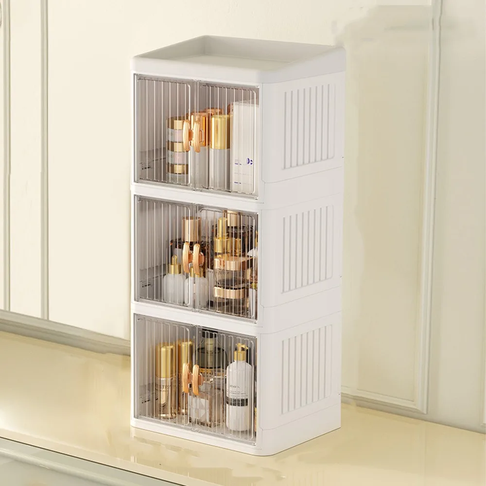 

Transparent Foldable Makeup Storage Box Dust-proof Flat Cover Cosmetics Storage Box Space Saving Portable Storage Rack Bedroom
