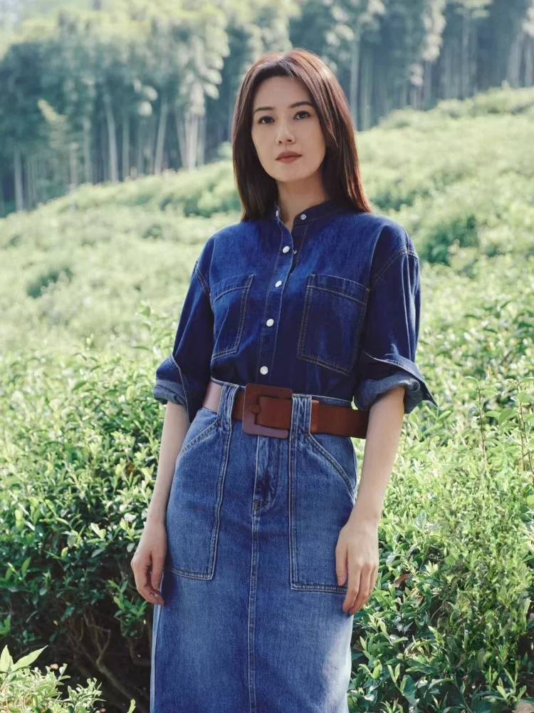 

High round Edition × SEA Retro Denim irt EBE2T04 Женская рубашка с длинным рукавом, воротником-стойкой, стандартной длины, однотонная, 100% хлопок.