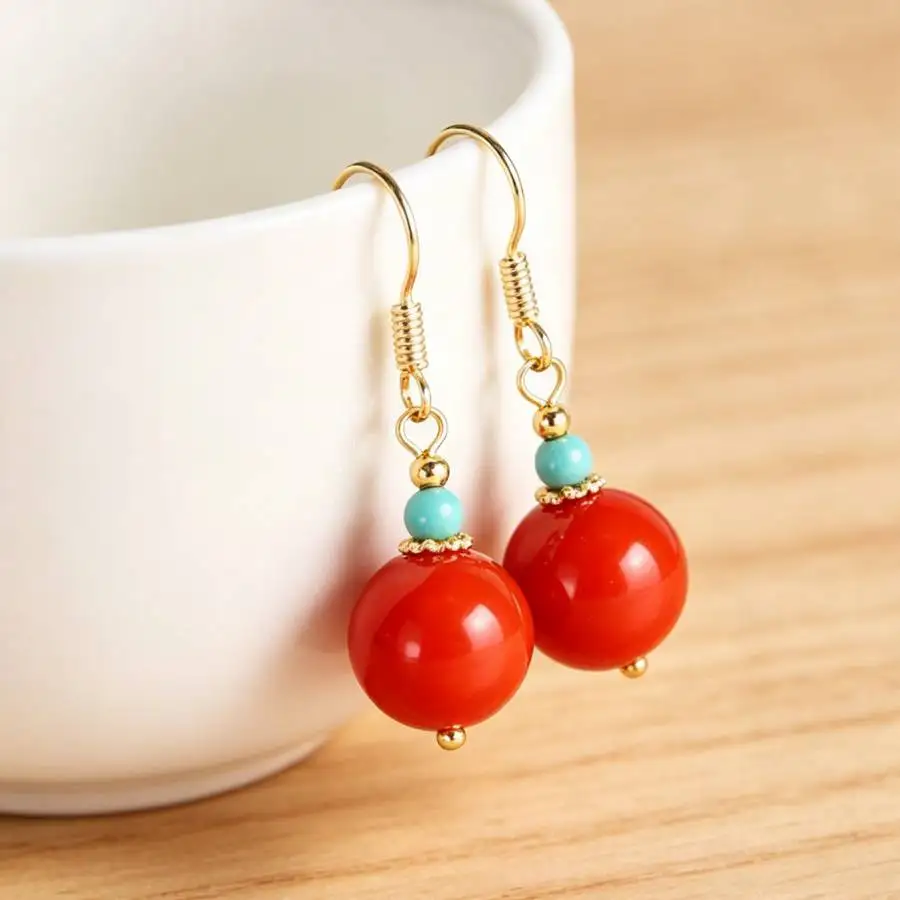 Retro Chinese Red Coral Bead Drop Earrings Gold Hook Turquoise Accent Dangle Earrings Handmade Women Daily Wear Jewelry