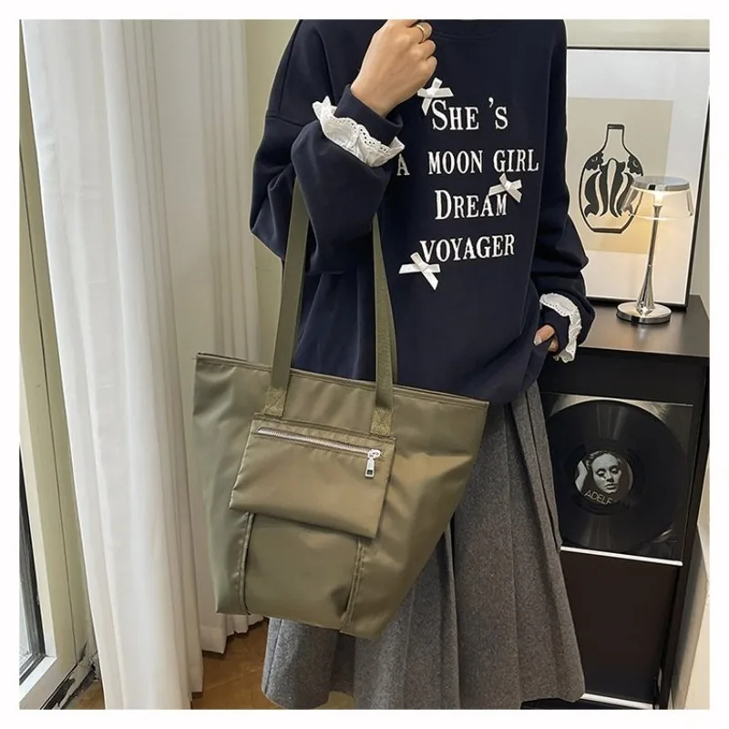 Women's Army Green Nylon Tote Bag with Front Zip Pocket, Casual Style for Work, Office, Daily Commuting, Shopping and Travel