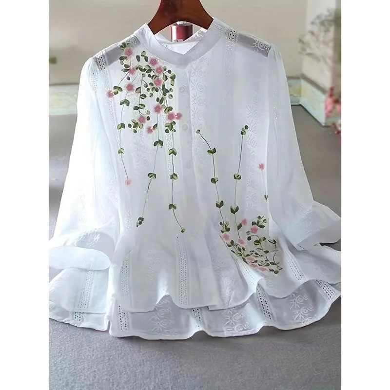 

French Embroidery Blouse Women's Fashion Cross-Border Stitched Shirt Princess Sleeve Non-Shrinking Other Material 100% Spring...