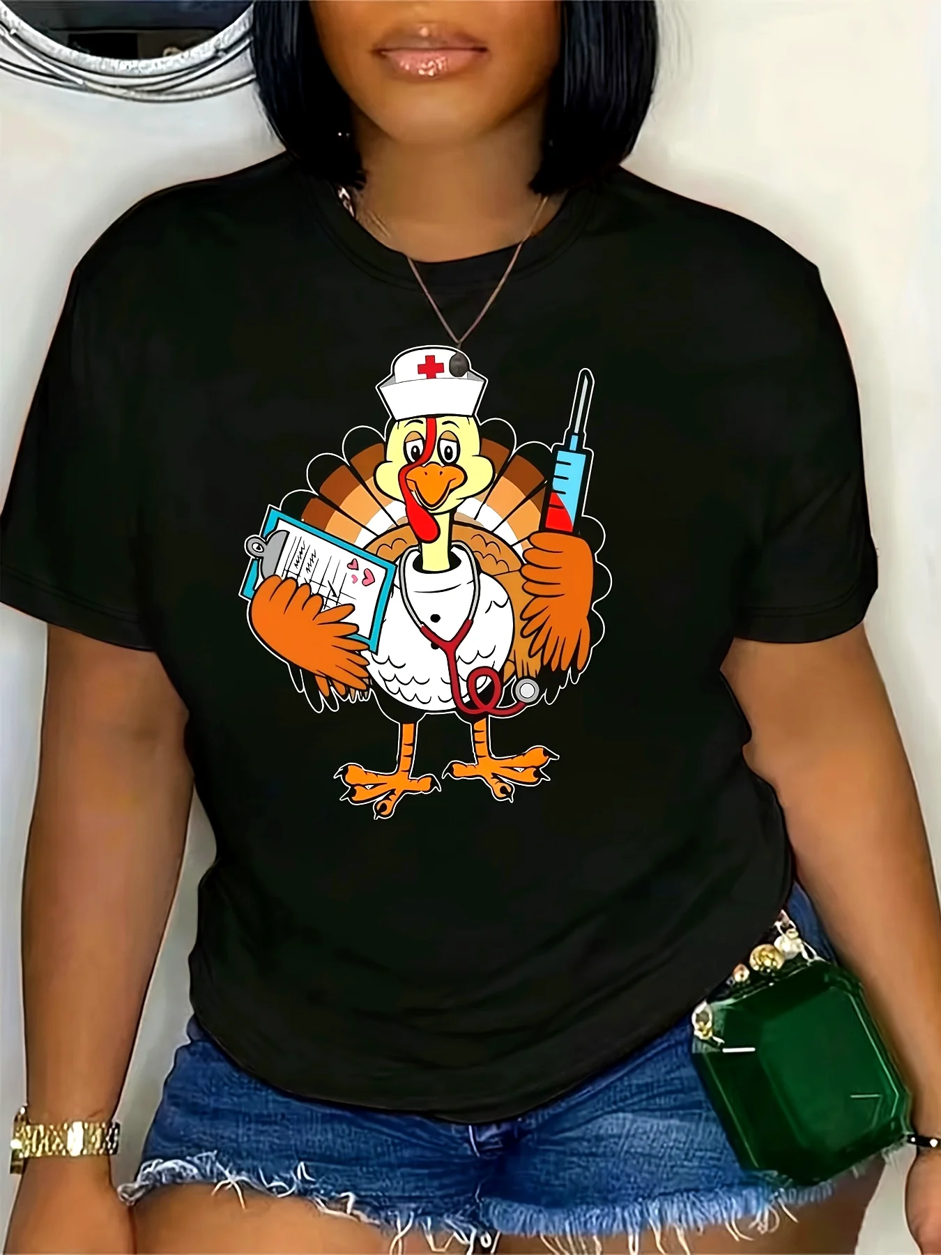 

Women'S Thanksgiving Turkey Nurse Graphic T-Shirt, 100% Polyester Crew Neck Short Sleeve Casual Tee, Lightweight Knit Fabric