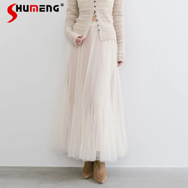 

Elegant Chic Design Japanese Lolita Style Sweet Mesh Pleated Skirt With Elastic Waist Large Hem A-line Long Skirts For Ladies
