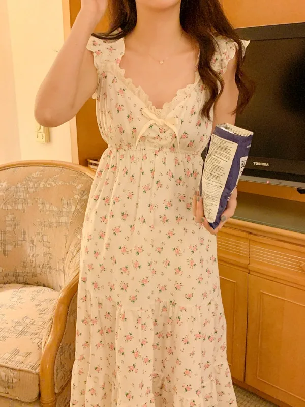 

Sling Ins Home Print Soft Summer Sleepwear Women Korean Style Sweet NightDress Elegant Casual Lace Floral Ins Kawaii