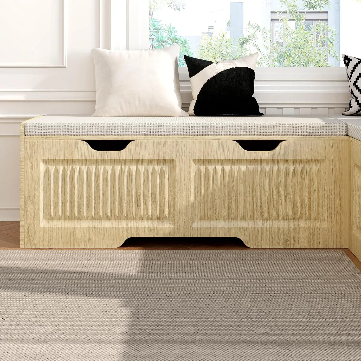 L-Shaped Corner Storage Bench with Hidden Compartment, Natural Wood, Customized