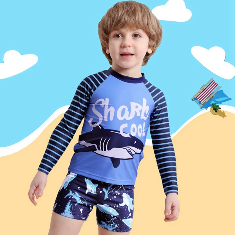 Summer 4-8 Yrs Baby Boys Long Sleeved Swimsuit Shorts Set Children Cartoon Cute Sunscreen Boys Swimsuit Bathing Suit