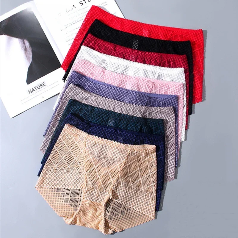 Women\'s Underwear Panties Sexy Lace Lingerie High Fit Female Boyshort High Waist Briefs Rhombus Mesh Underpant Plus Size