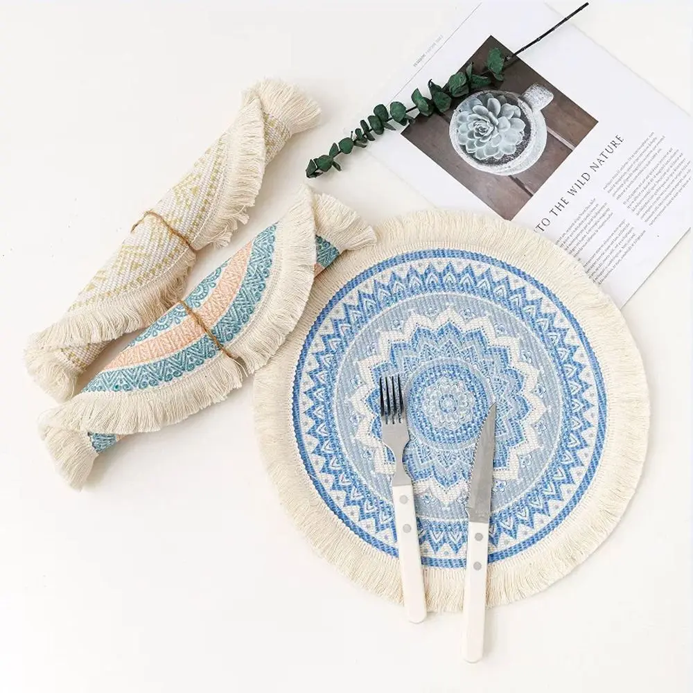 Braided Weave Round Woven Placemats Heat Resistant Non-Slip Bohemian Placemat Tassel Jute Placemats Kitchen Table
