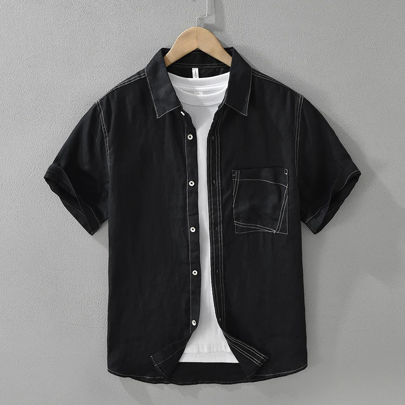 

2026 Summer New Simple Breathable Pure Linen Short Sleeve Shirt for Men Big Pocket Turn-down Collar Shirt