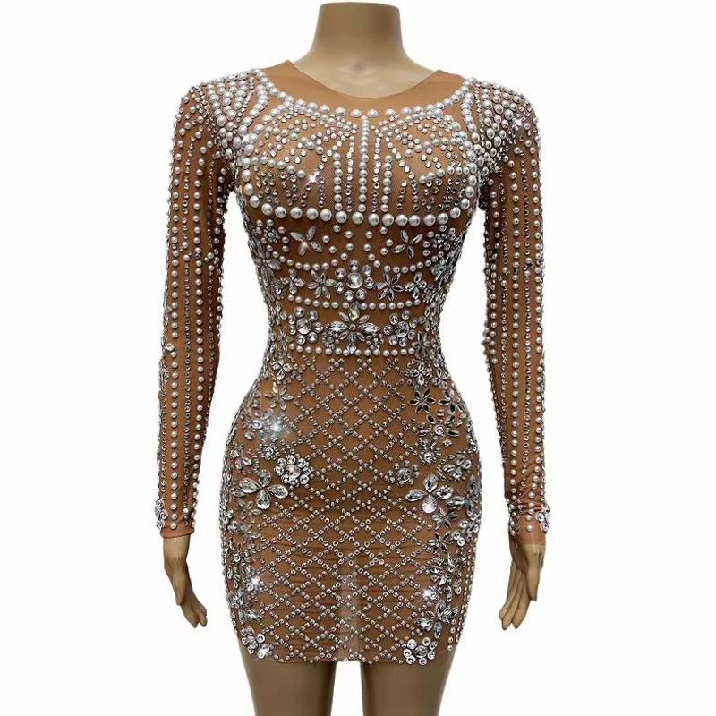 

Women Silver Rhinestones Dress Sexy Transparent Mesh Pearls Party Dresses Female Evening Outfit Birthday Celebrate Costume WGZZ