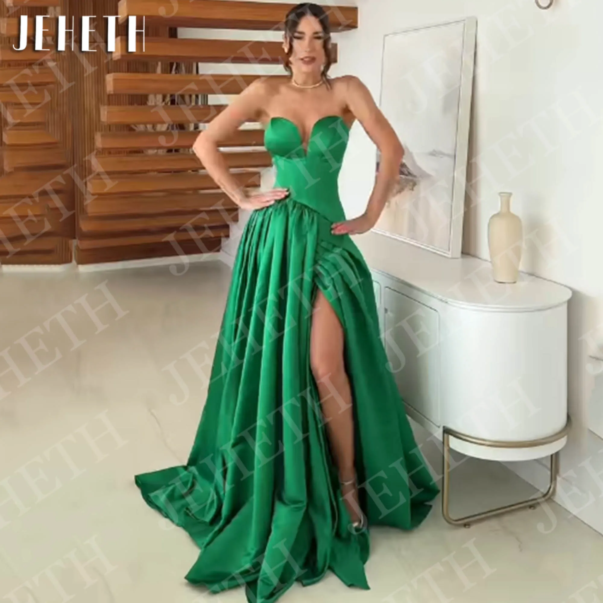 

JEHETH Chic Strapless Satin Evening Dresses with High Slit Ruffled Green A Line Formal Party Dress Customized vestidos de fiesta