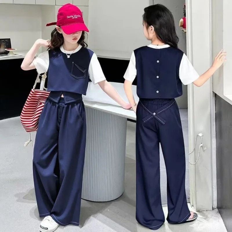 Girls' casual loose-fitting versatile summer outfit, new stylish summer wear, big girl's clothing, children's Korean-style two-p