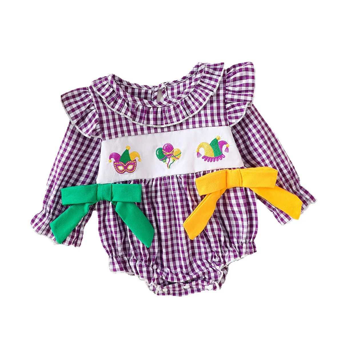 New Spring Popular Ruffle Collar Baby Girl Romper Purple Checkered Newborn Girl Long Sleeves Cute Pattern Bow Jumpsuit Clothing