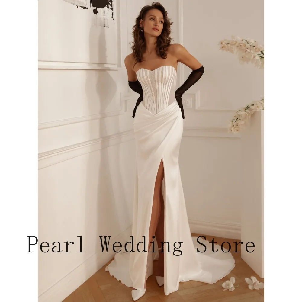 2026 White Satin Strapless Mermaid Wedding Dress – Corset Bodice Ruched Waist High Slit Formal Gown with Train for Modern