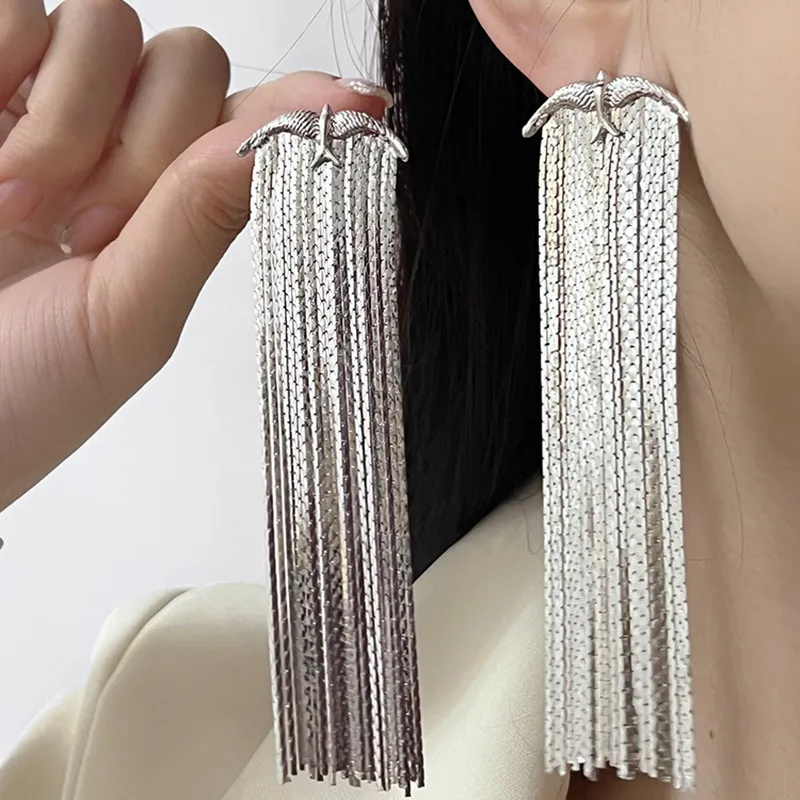 New bird fringe long exaggerated party earrings niche design sense banquet wedding senior sparkle stud earrings