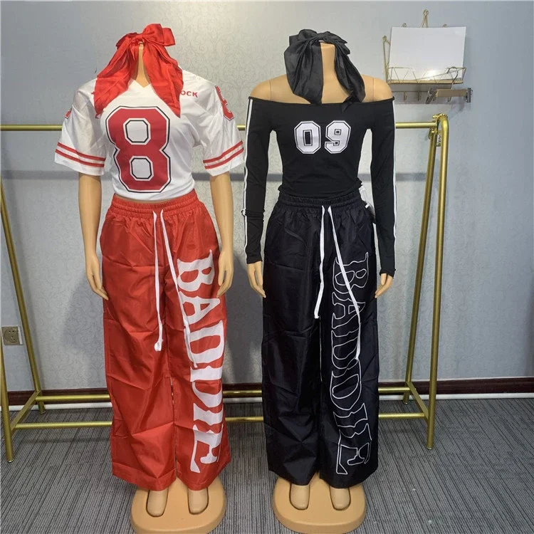 New Casual Three Piece Sets For Women Number Print Sports T Shirt + Baggy Pants Outfits Female Tracksuit