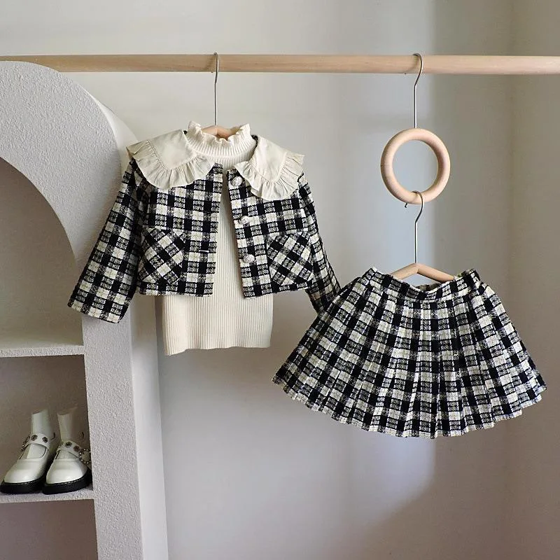 Fashion Girl Elegant Plaid Clothes Set giacca + gonna 2 pezzi bambino bambino primavera autunno festa di compleanno scuola vestiti per bambini