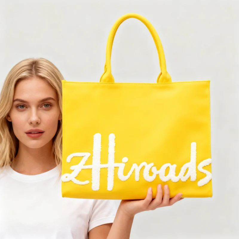 

Bright Yellow Tote Bag for Women | Large Capacity Canvas Handbag with Fuzzy Letter Embroidery | Fashion Shopping Shoulder Bag