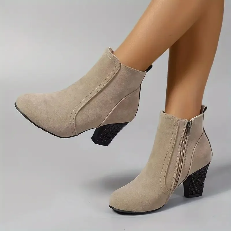 Black High Heels Ankle Boots for Women Autumn Side Zip Khaki Short Botas Mujer Fashion Thick Heeled Booties