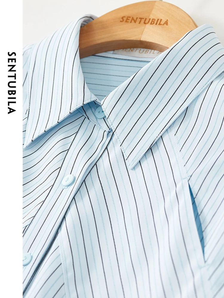 SENTUBILA Irregular Striped Women\'s Blouse 2024 Spring Hollow Out Casual Button Up Polo Collar Long Sleeve Shirts Tops 141C53285