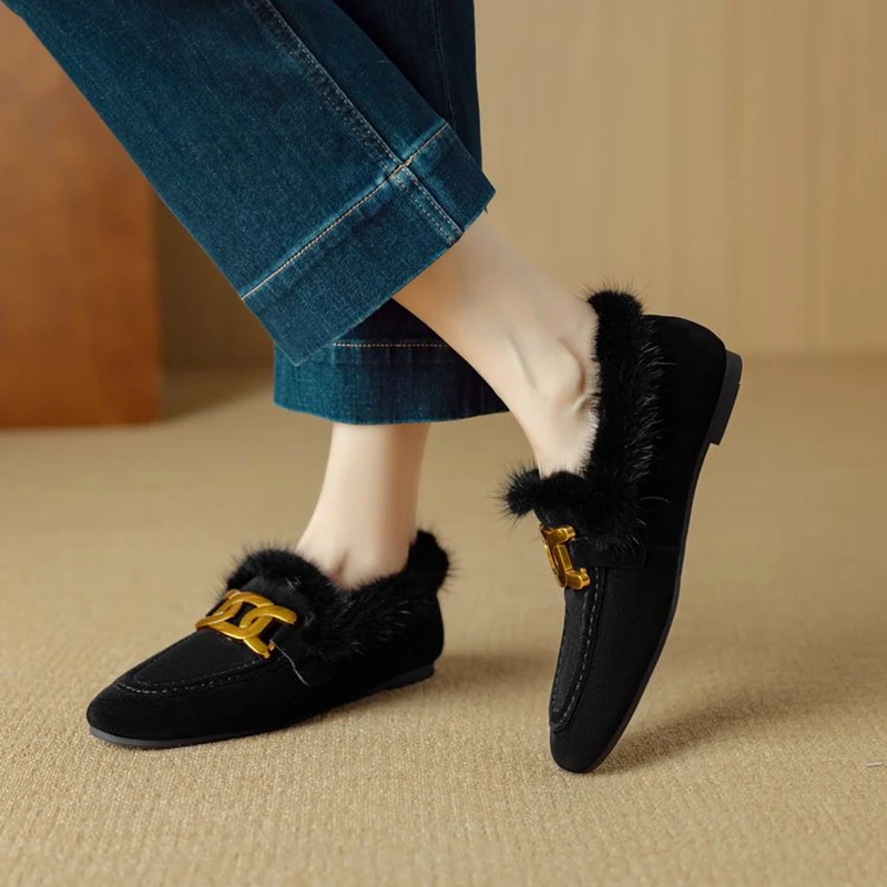 NEW Winter Women Pumps Sheep Suede Leather Shoes for Women Round Toe Low Heel Shoes Slip-on Black Women Loafers Warm Plush Shoes