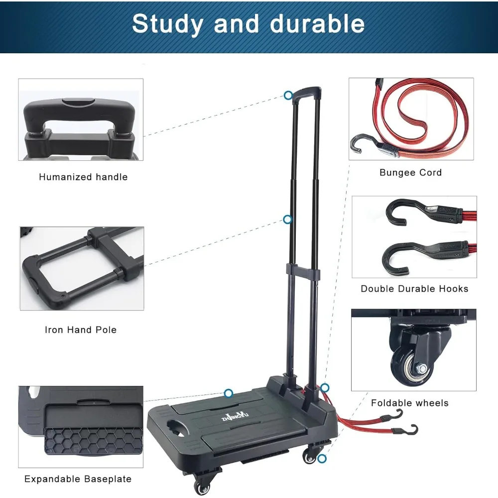 Folding Hand Truck Cart,Heavy Duty Trolley 220lbs Capacity,Folding Luggage Cart, Collapsible Wheels,Extended Handle Portable