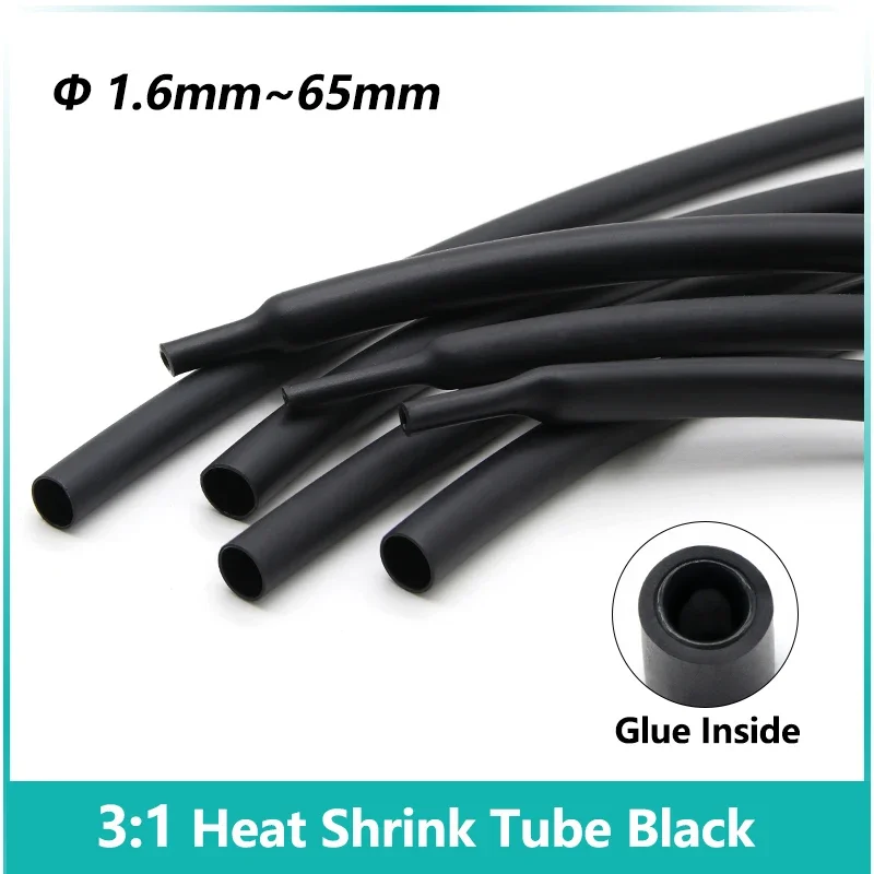 

1/5/10/25/50M Black 3:1 Heat Shrink Tube With Glue Inside Diameter 1.6mm ~ 65mm Adhesive Lined Waterproof Insulation Sleeve Wrap