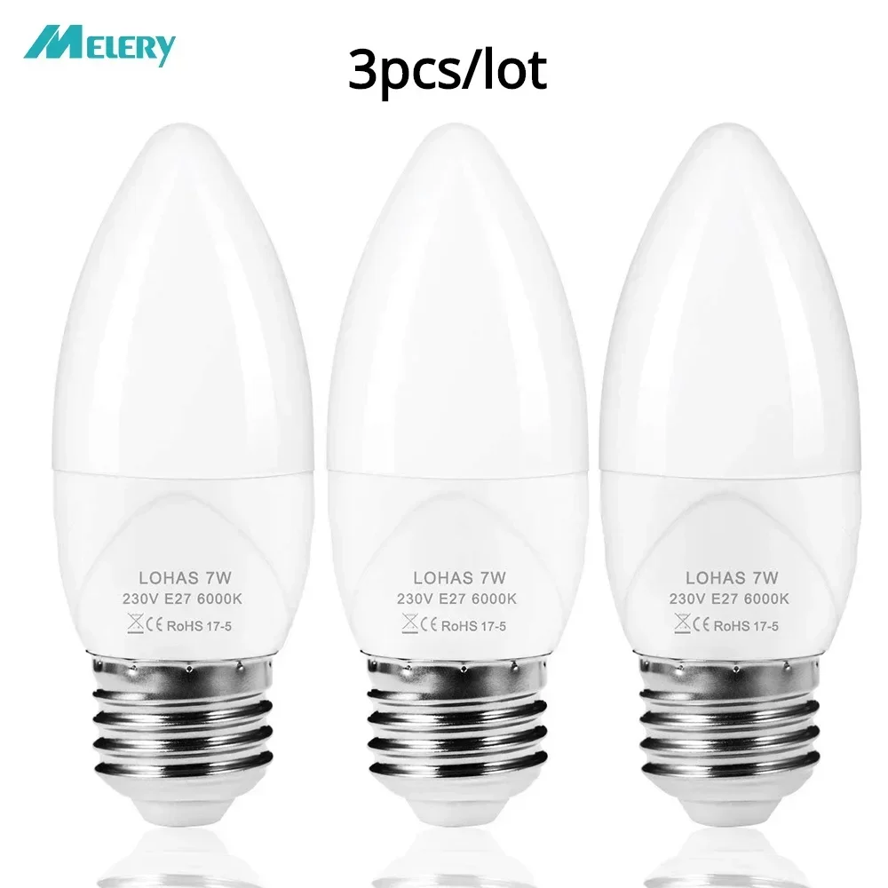 Melery E27 LED Candle Light Bulb 70W Equivalent 7W Screw Table Desk Lamp Daylight 6000K Warm White 2700K Non Dimmable 3Pack