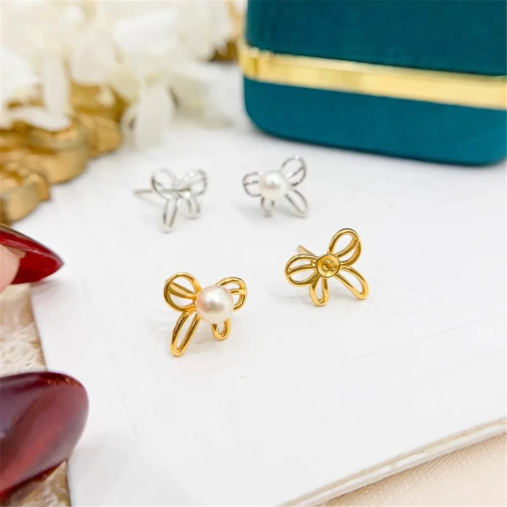 

DIY Pearl Mini Accessories S925 Pure Silver Ear Stud Empty Holder Gold Silver Earrings Fit 3-5mm Round Beads E120